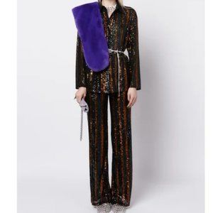Zara Sequin flared pants striped orange black and blue size L NWT